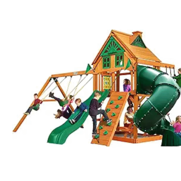 Gorilla Playsets Mountaineer Treehouse Wooden Swing Set with Tube Slide, Rope Ladder, and Sandbox