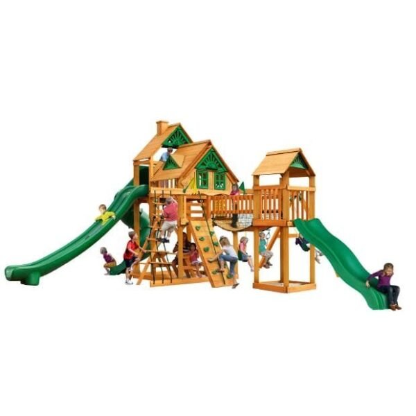 Gorilla Playsets Mountaineer Treehouse Wooden Swing Set with Tube Slide, Rope Ladder, and Sandbox